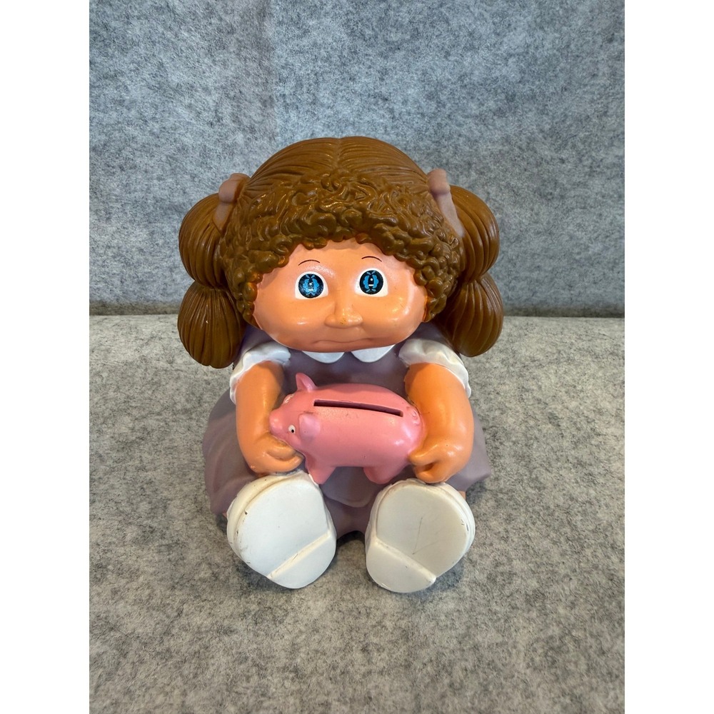 Vintage 1983 Cabbage Patch Kids Piggy Bank Brunette Girl Purple Dress